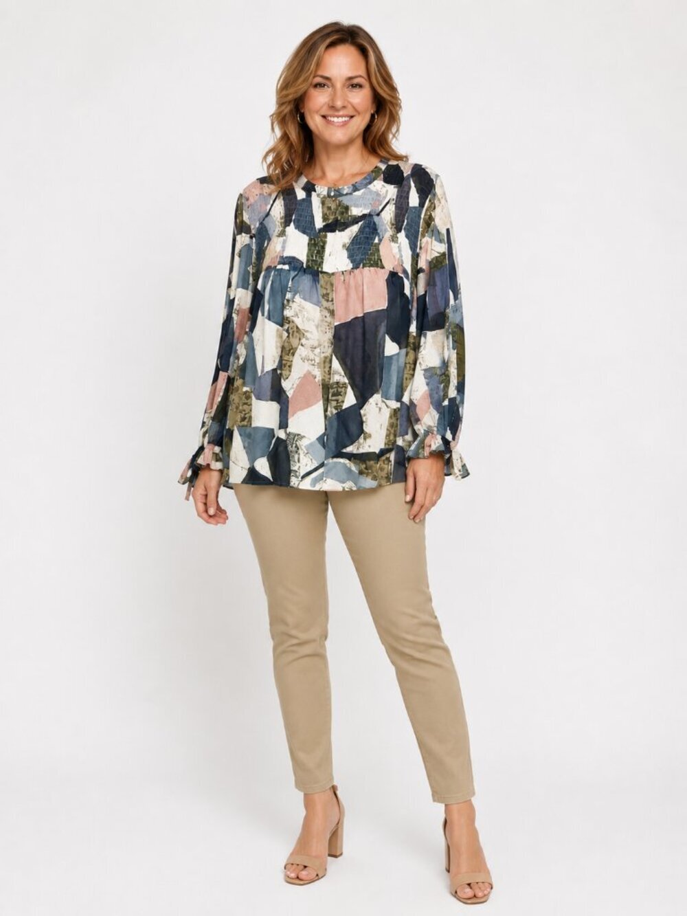 Entro Abstract Print Top, Smock Detail Shirred Elastic, Wide Sleeves, Size Small